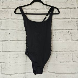 La Blanca Scoop Neck Convertible Strap Lace Up Side Swimwear Black Size 4
